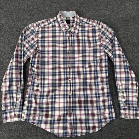 Hugo Boss Other - Hugo Boss Mens Slim fit Long Sleeve Button-Up Shirt Large Cream Purple Plaid EUC